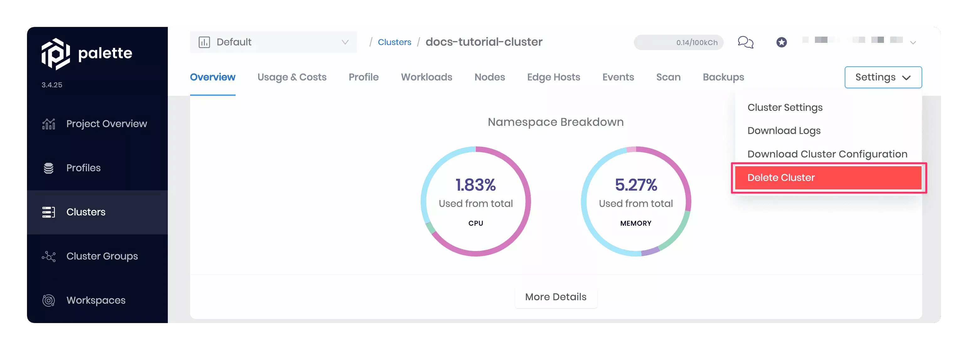 Screenshot of deleting a cluster.